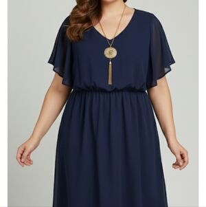 Navy Blue Dress with Gold Pendant Necklace Women's 1XL NWOT Slip-on Formal Event